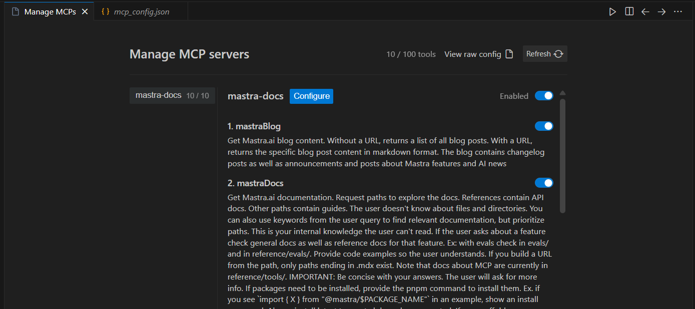 UI 显示 MCP server 已启用。也可以单独切换各个 Tool。