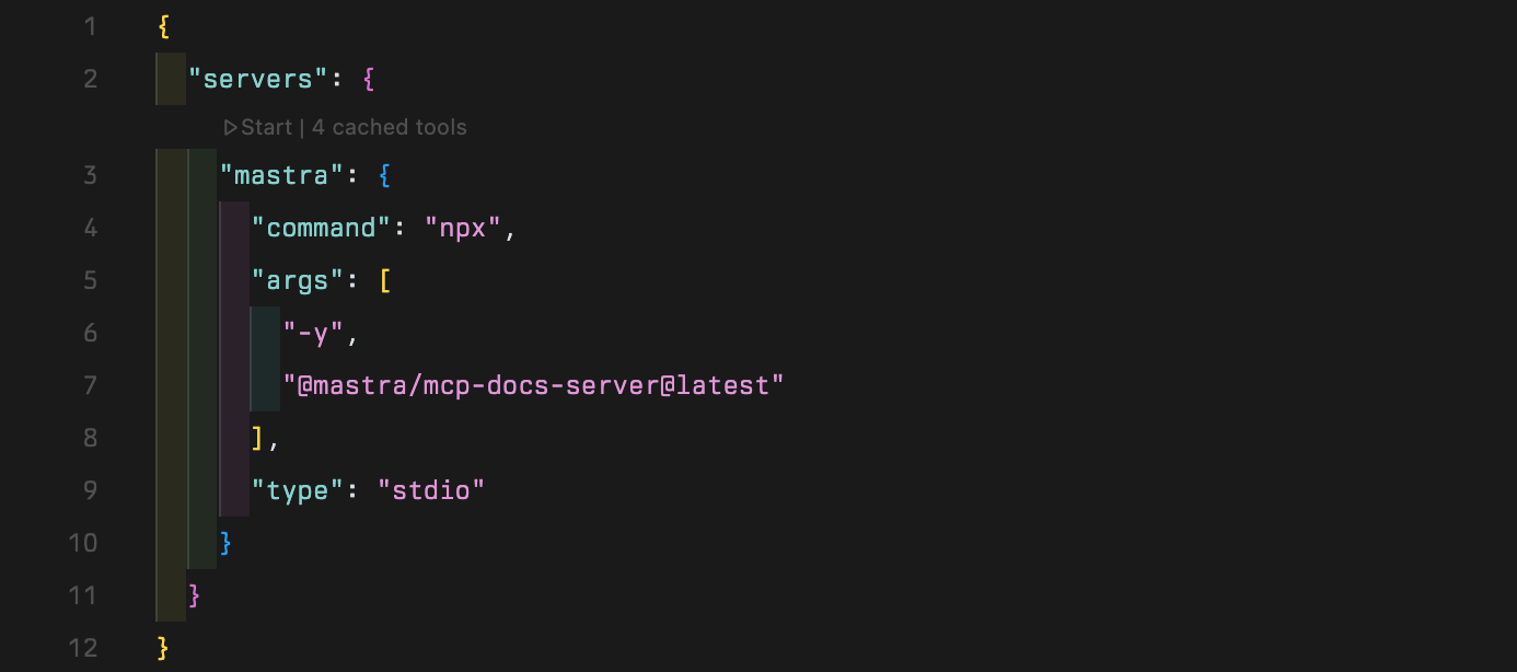 A screenshot of the mcp.json file showing the start button in the editor