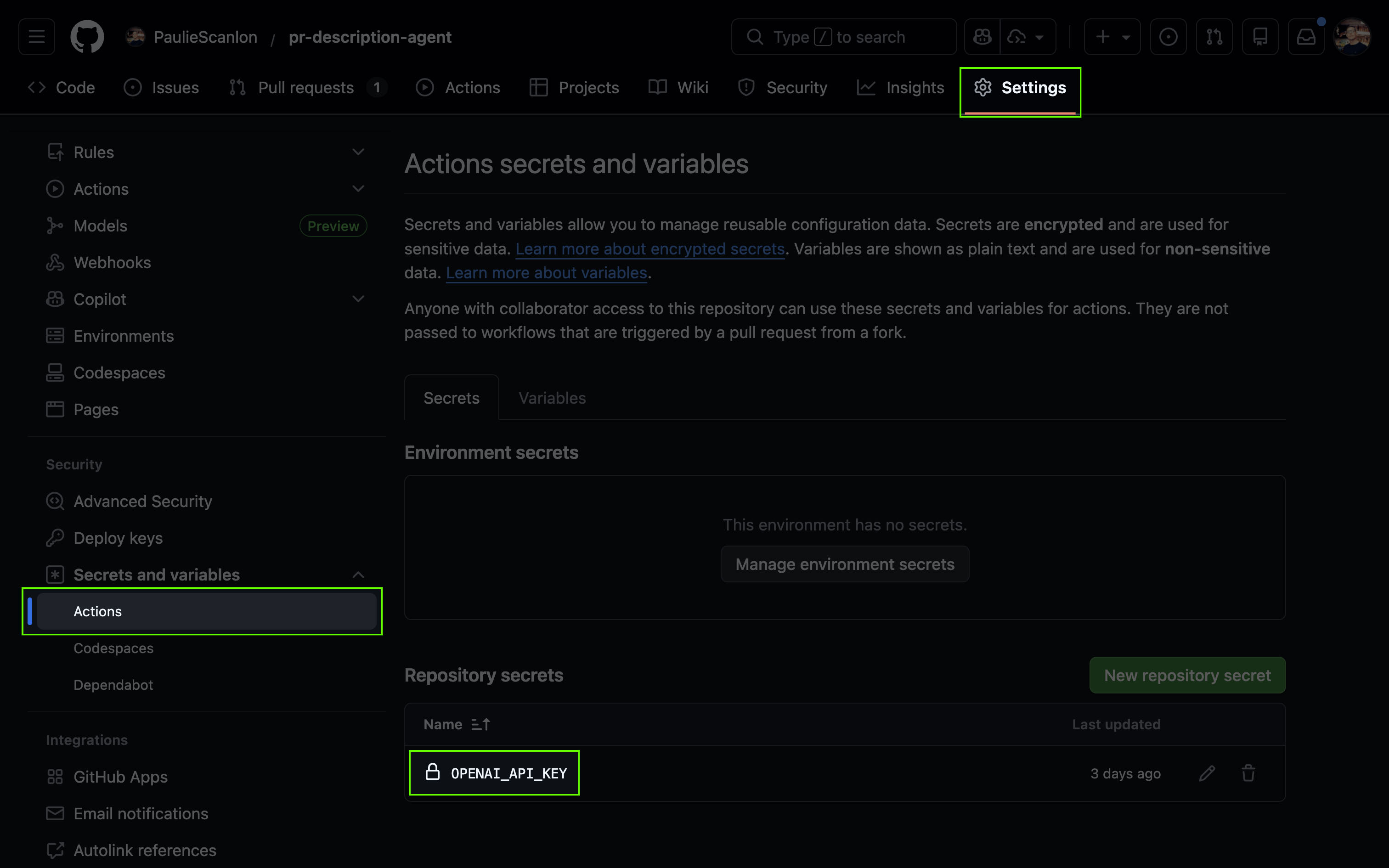 Capture d’écran des secrets du dépôt dans l’interface GitHub