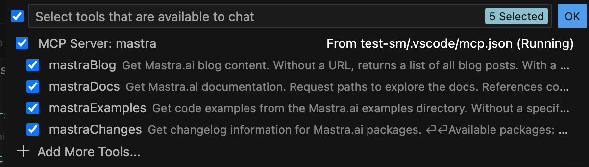 VSCode 的 Tool 頁面，顯示可用 Tool。
